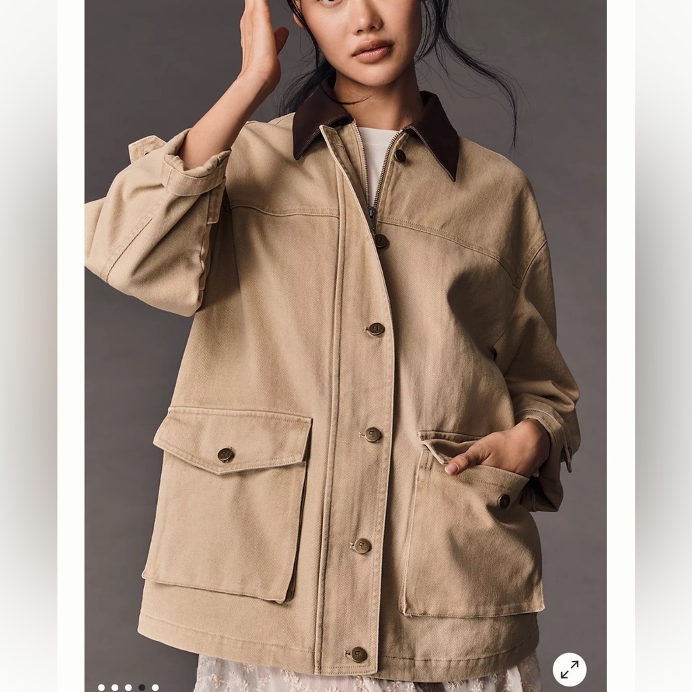 Pilcro Faux Leather Collar Barn Jacket Women's Medium Khaki Anthropologie